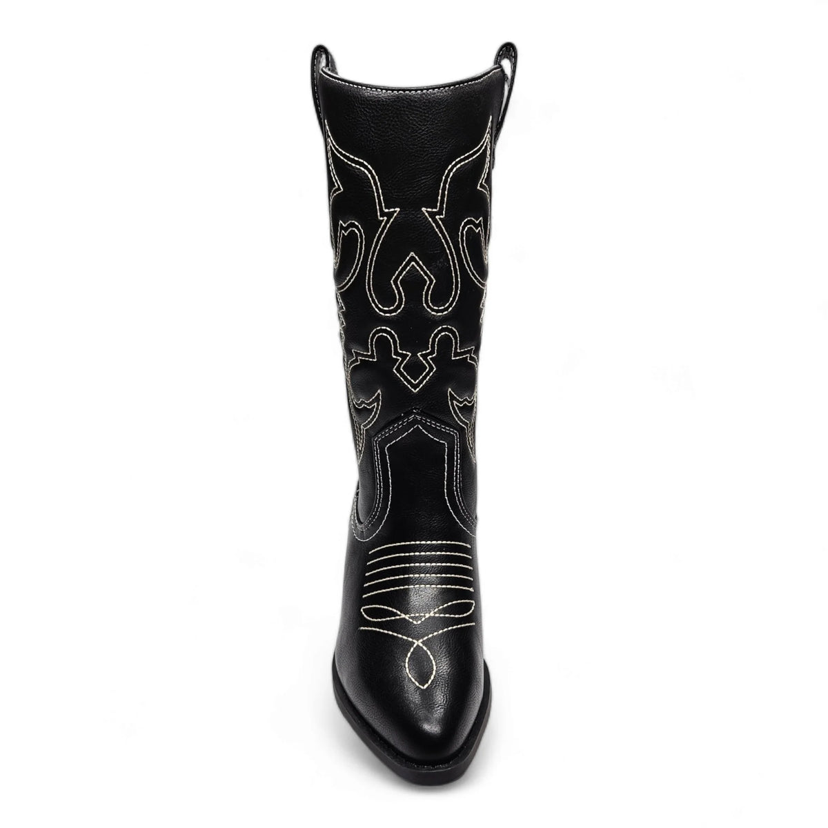 Black leather Rerun Western Boot featuring decorative white stitching