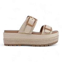 Beige Resort Double Strap Platform Sandals with double buckle strap and espadrille sole