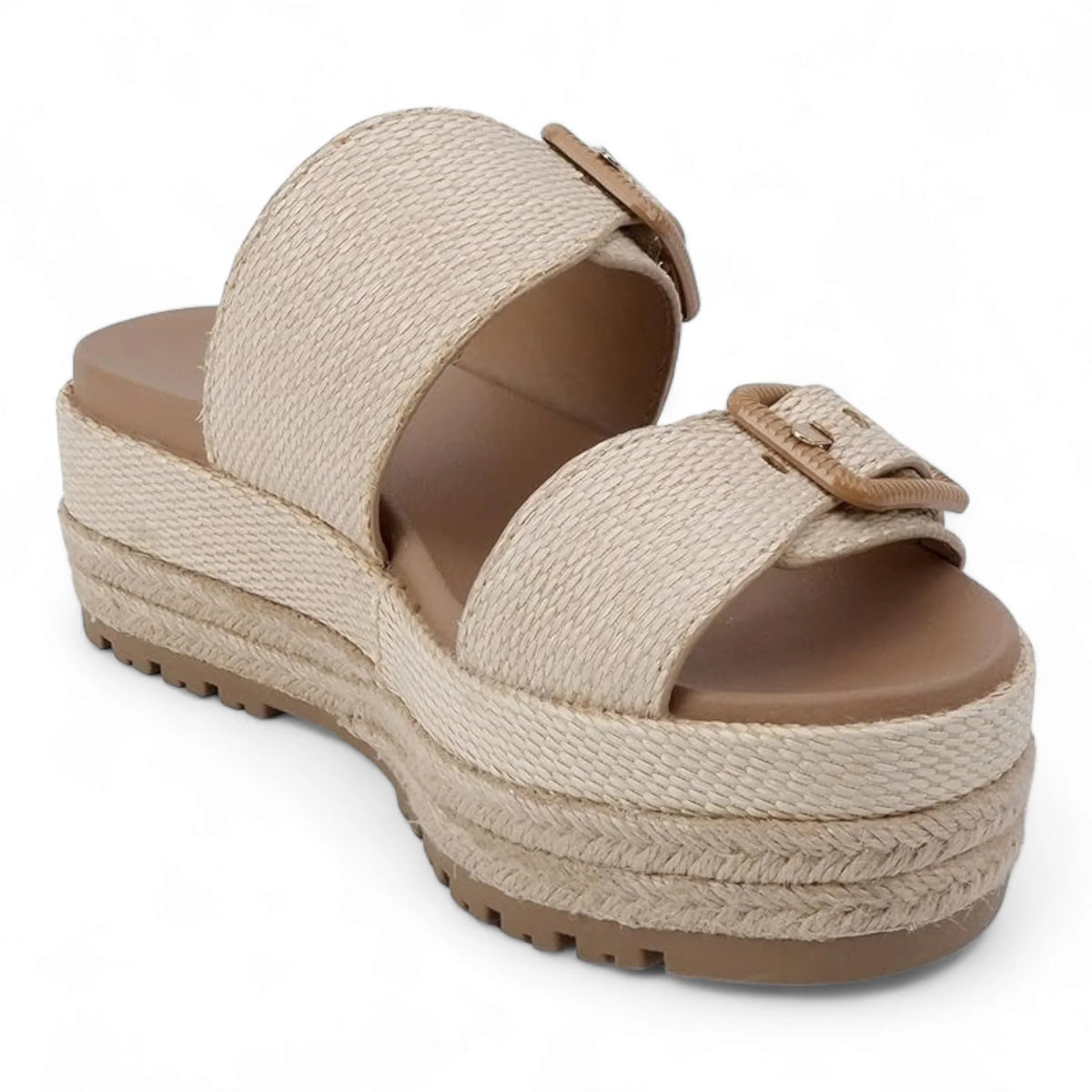 Beige Resort Double Strap Platform Sandals with double buckle strap details