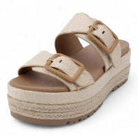 Beige Resort Double Strap Platform Sandals featuring double buckle strap design