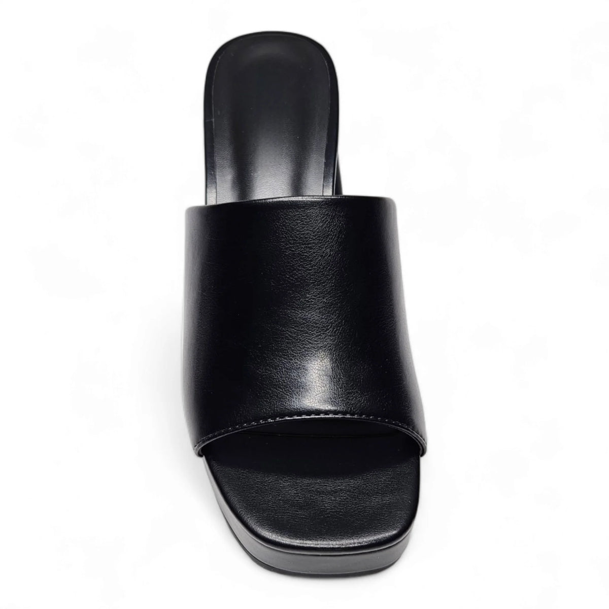 Black leather mule sandal with chunky heel from the Retro Platform Heels collection