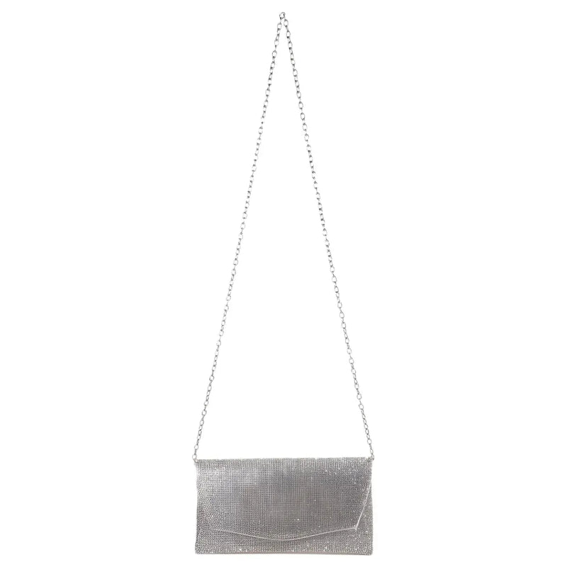 Silver metallic clutch bag with chain strap, featuring a stunning rhinestone pave design