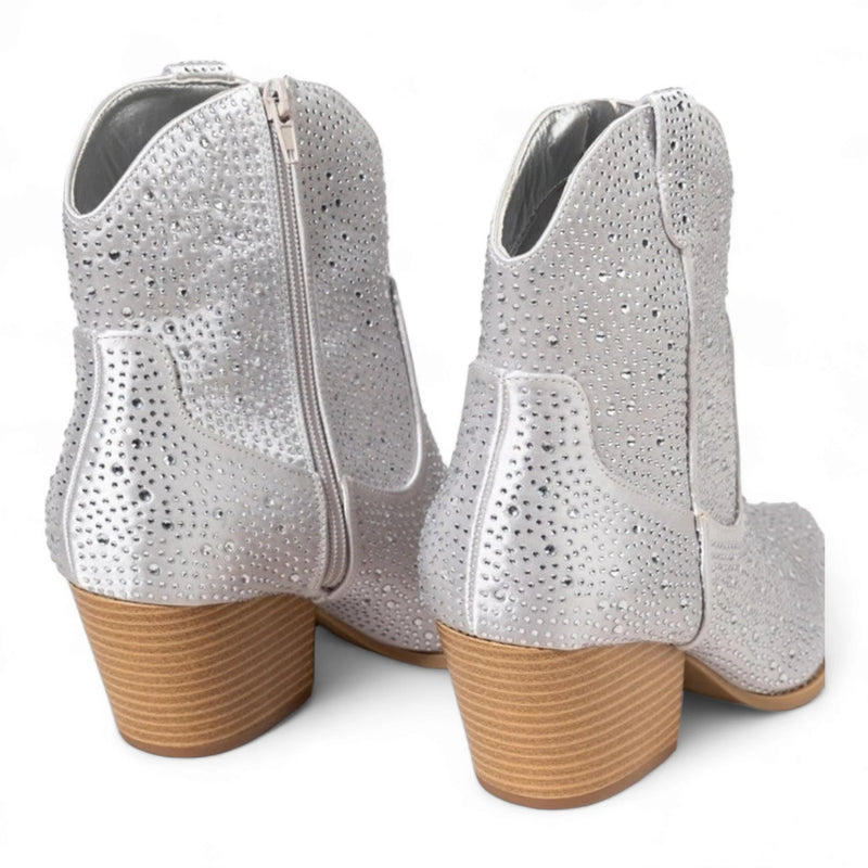 Silver ankle boots with rhinestone embellishments and wooden heels named Rhinestone Cowgirl