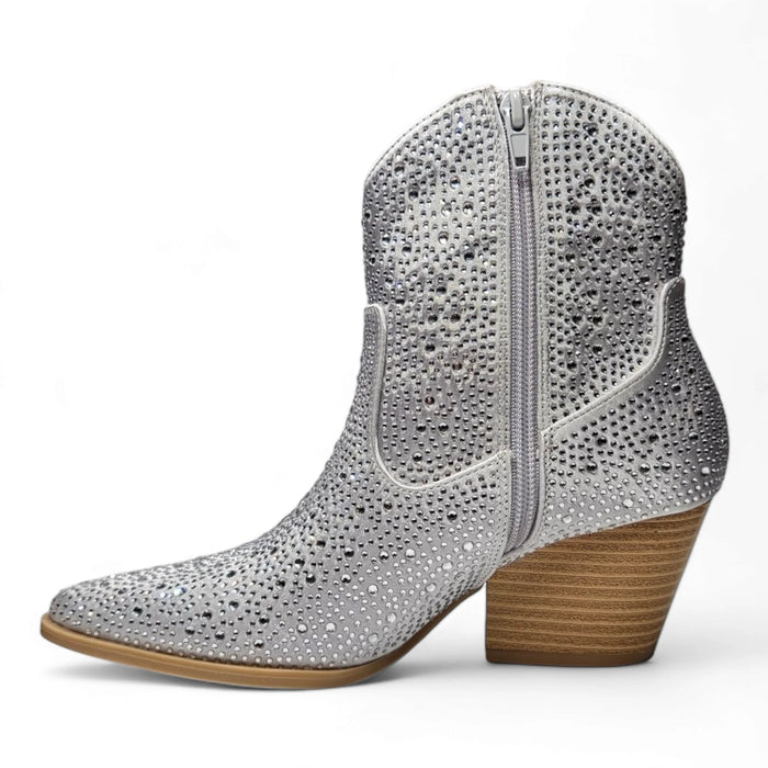 Sparkly silver cowboy boot with rhinestones and wooden heel from Rhinestone Cowgirl