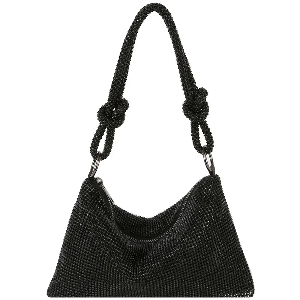 Black mesh shoulder bag with knotted rope strap for Rhinestone Shoulder Zipper Bag