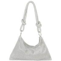 Silver metallic mesh handbag with knotted rope straps, a chic Rhinestone Shoulder Zipper Bag