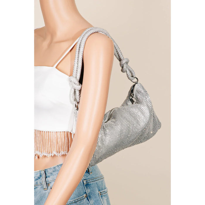 Metallic silver mesh hobo bag with braided shoulder strap and rhinestone studs