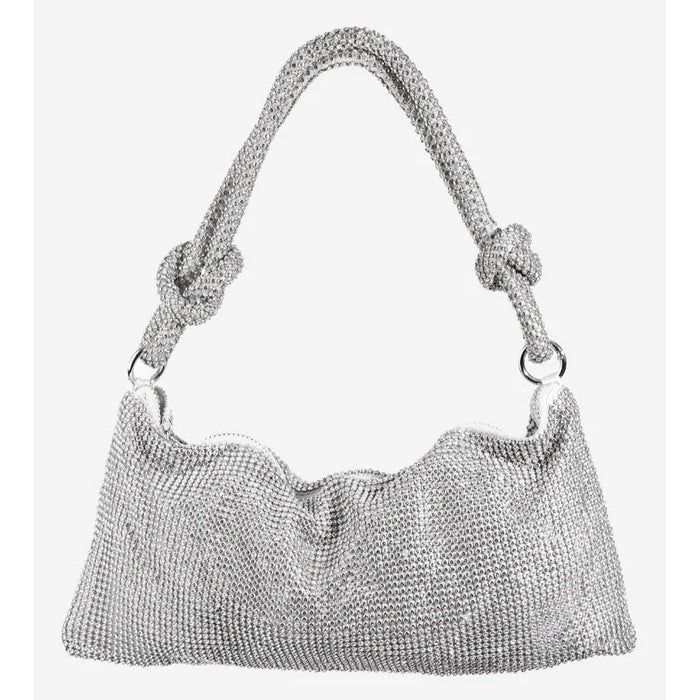 Silver mesh evening bag with knotted handle for a rhinestone studded hobo bag look