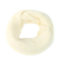 Cream-colored rib knit infinity scarf made of soft knit material for stylish warmth