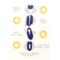 Simple illustration of four ways to style a Rib Knit Infinity Scarf