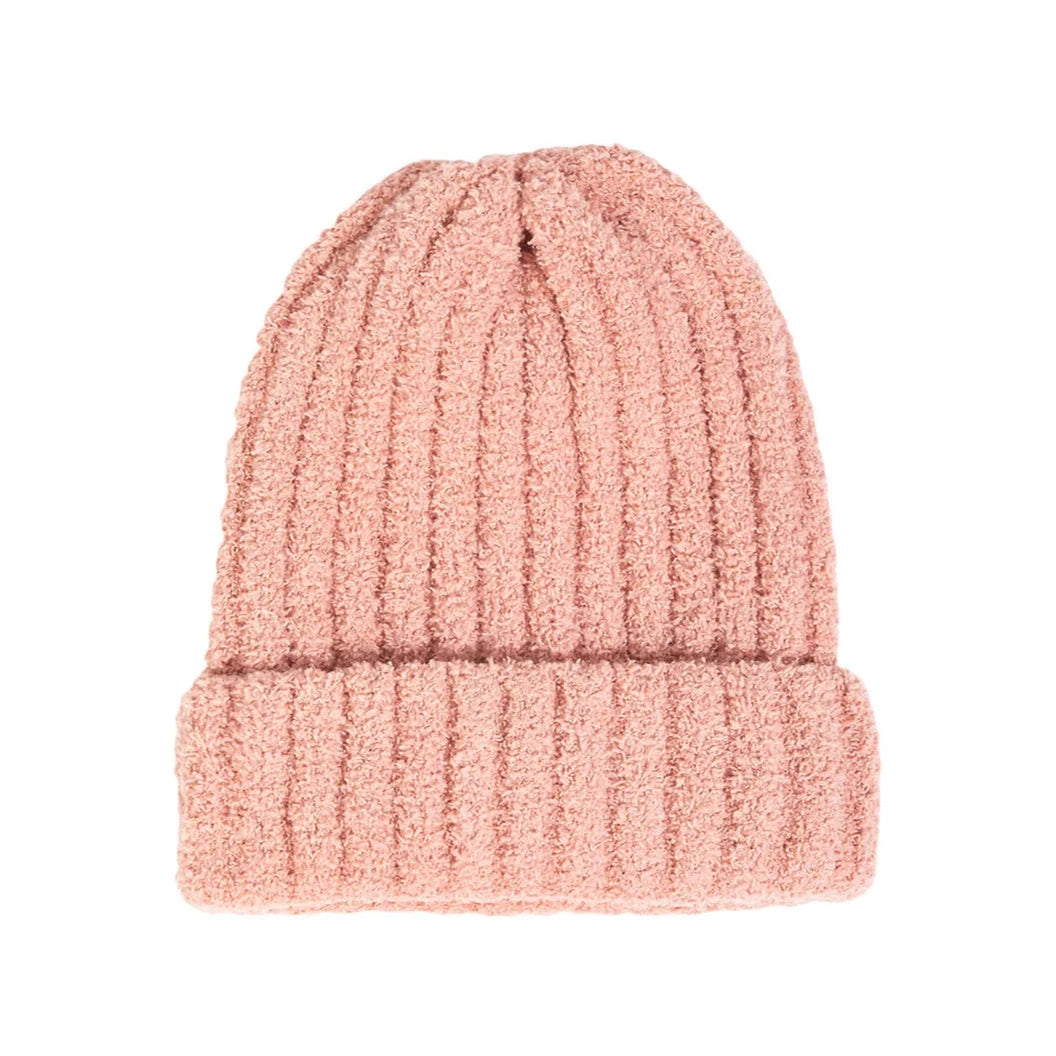 Pink Ribbed Chenille Beanie showcasing a stylish knitted texture