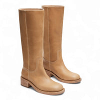 Tall tan leather Riggs Block Heel Boots with a 15 inch shaft and stylish low block heels