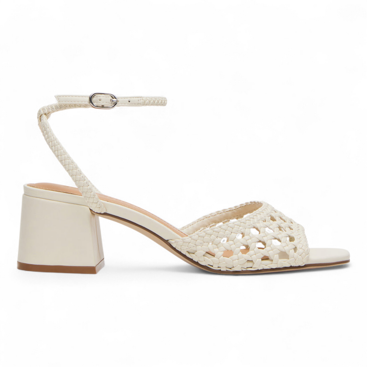 White sandal with open-toe and woven design on a white background