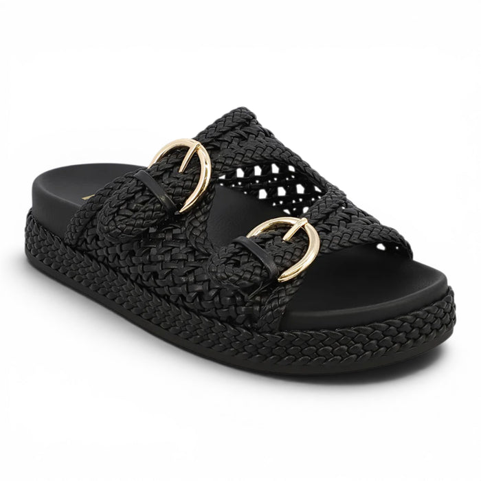 Monaco Trendy Woven Buckle Slide - Black