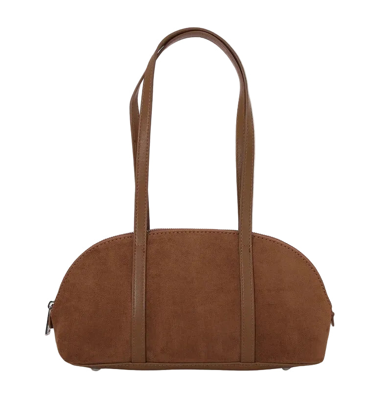 Brown handbag with a strap on a white background