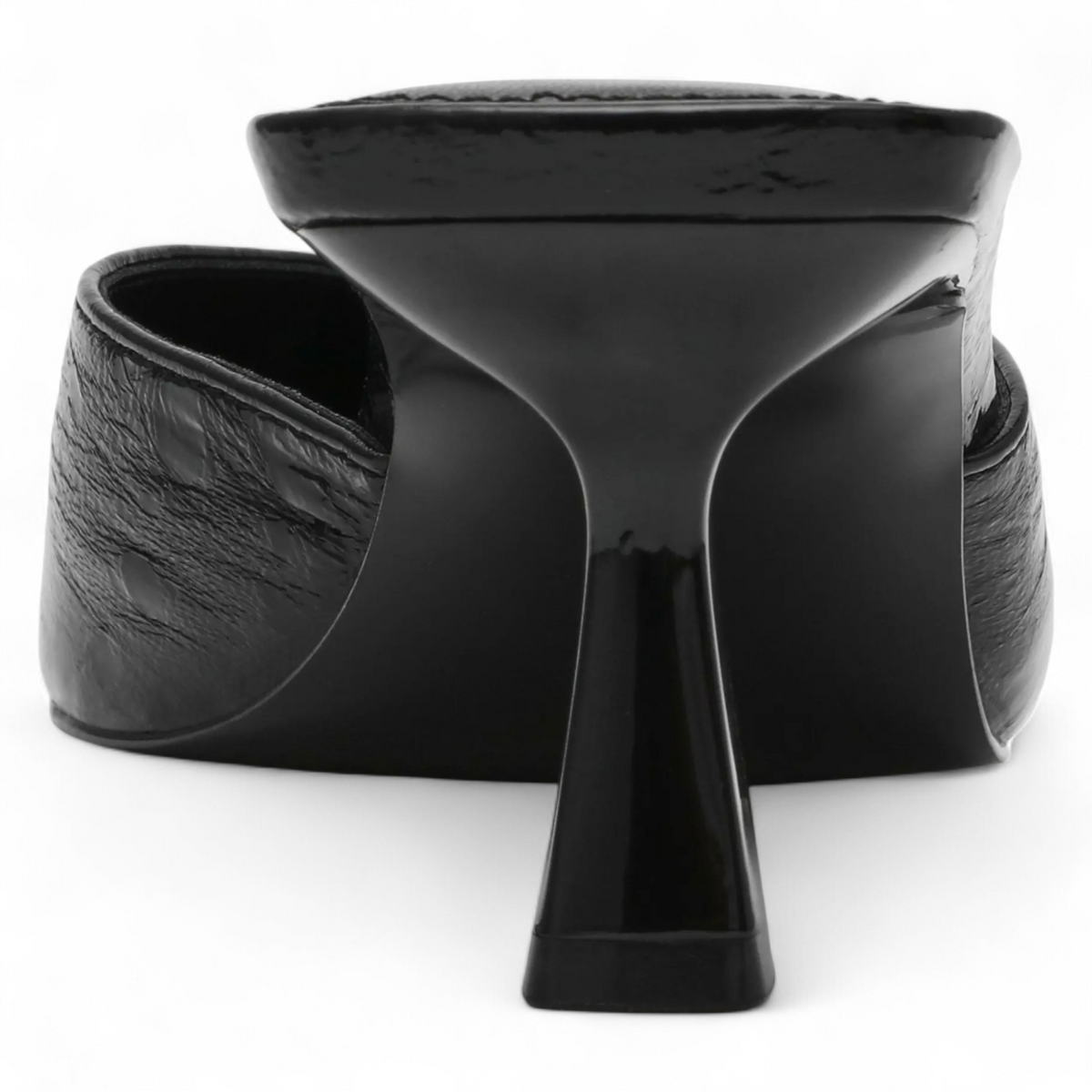Black high-heeled shoe on a white background