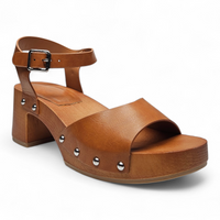 Brown wooden sandal with a block heel on a white background