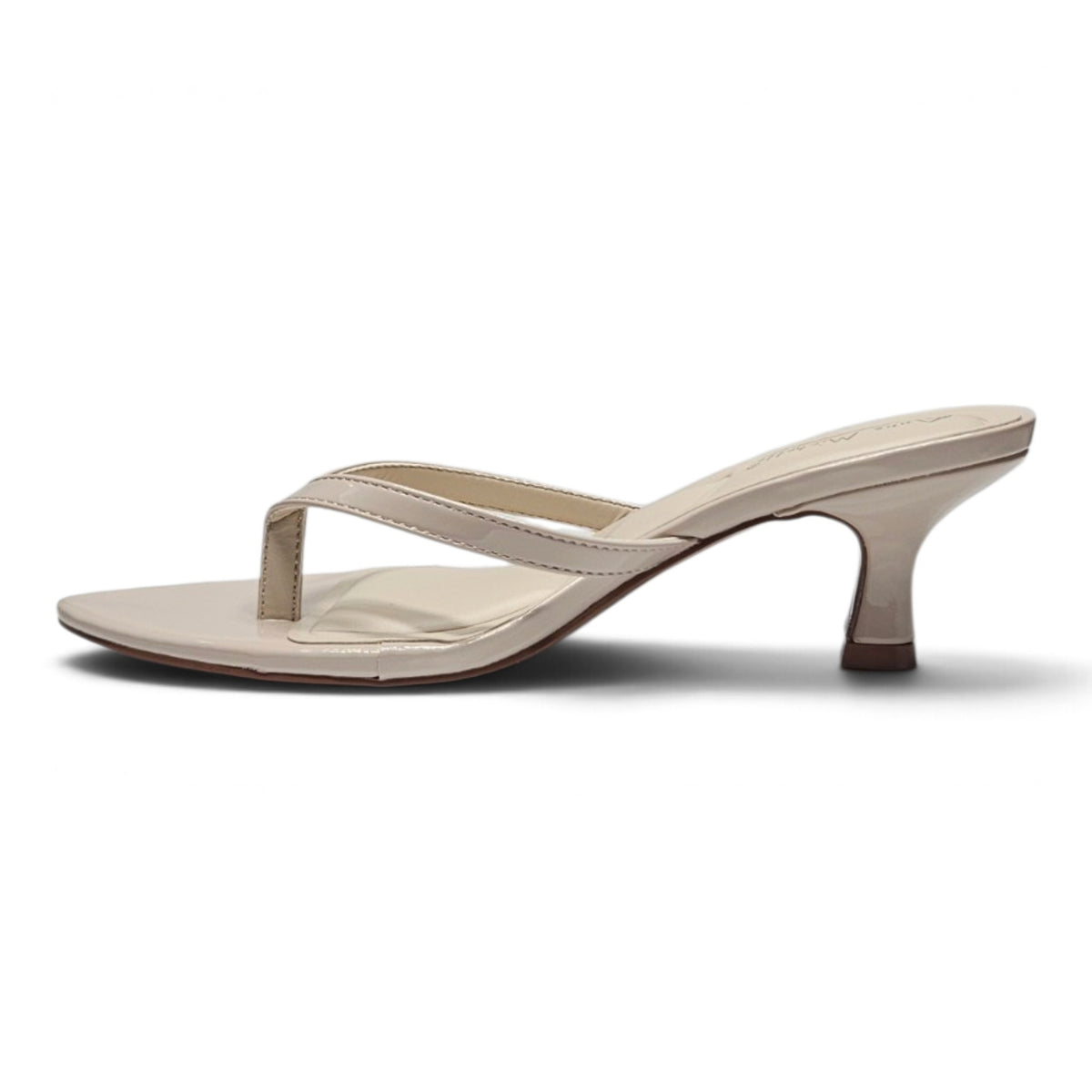 Ivory pointed-toe kitten-heel sandals, side view, slim toe-thong and ankle strap