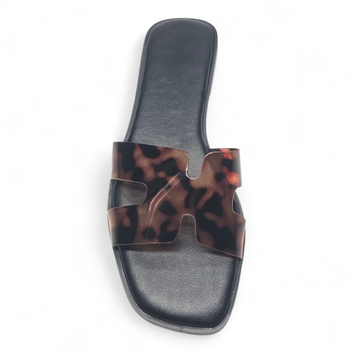 Tortoise H Band Slide Sandals on a white background