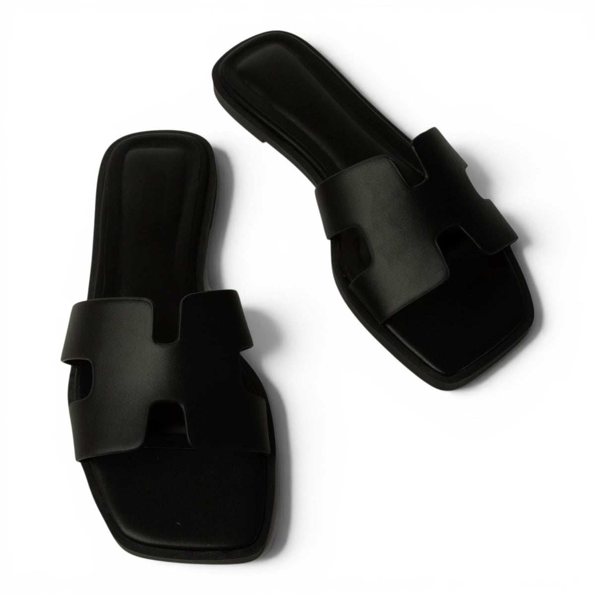 Black H-band slide sandals with open toe and thick flat sole