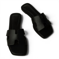 Black H-band slide sandals with open toe and thick flat sole