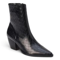 Black ankle bootie side view with square toe, block heel, and braided-look panels
