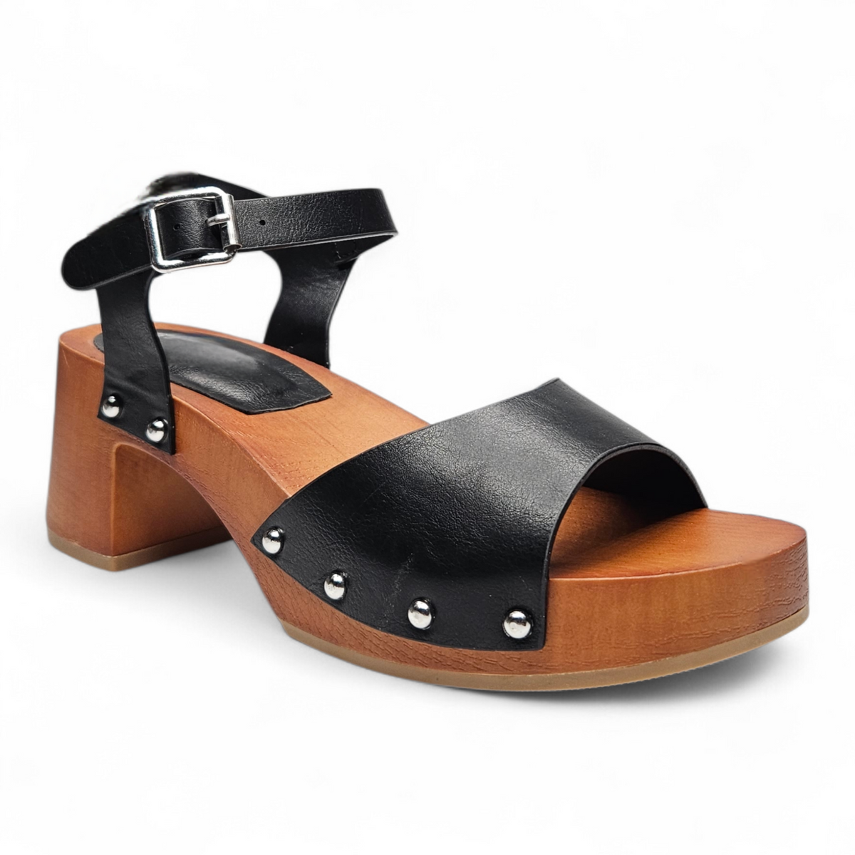 Wooden clog sandal with black leather straps on a white background