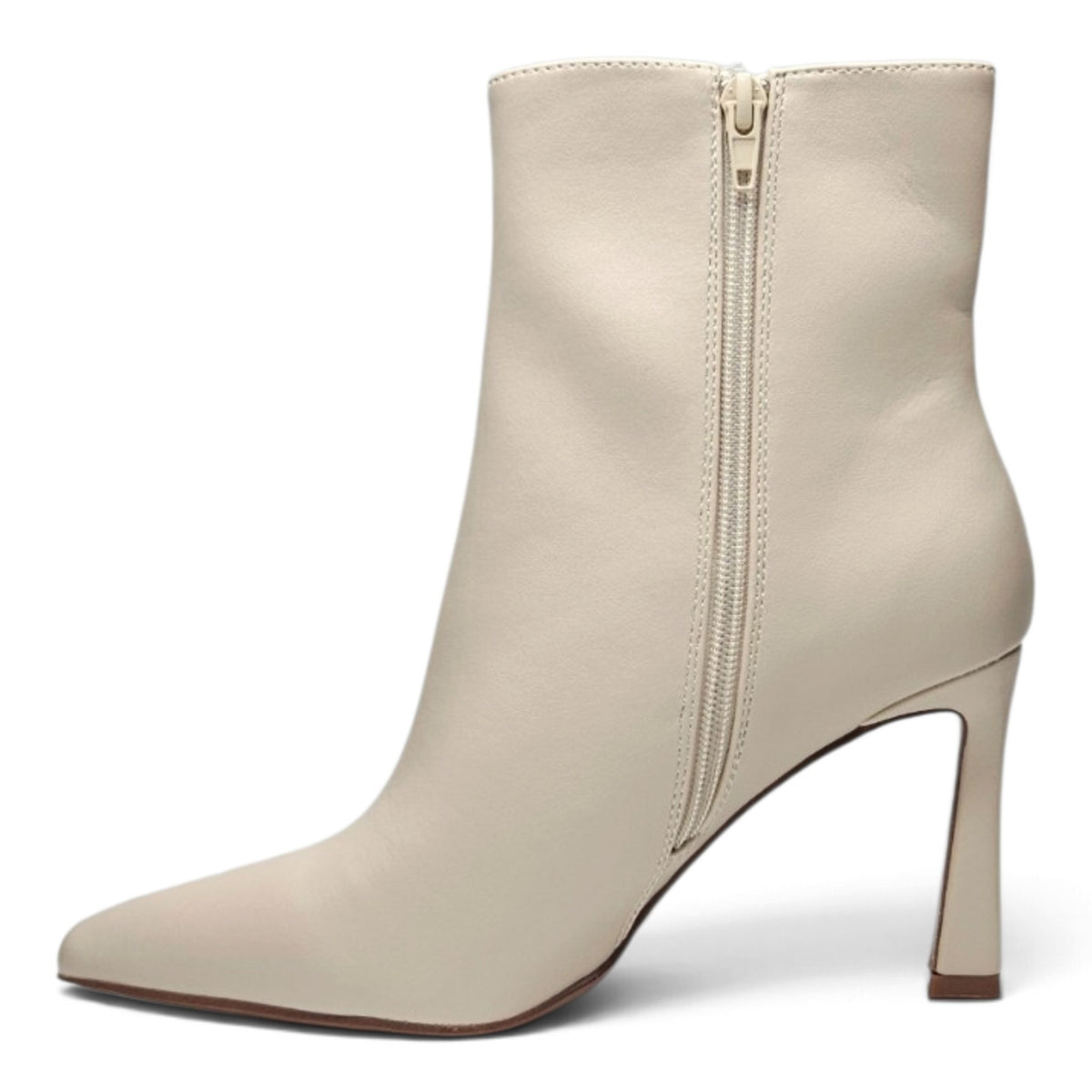 Pointed toe stiletto ankle boot in ivory with side zip and slim high heel