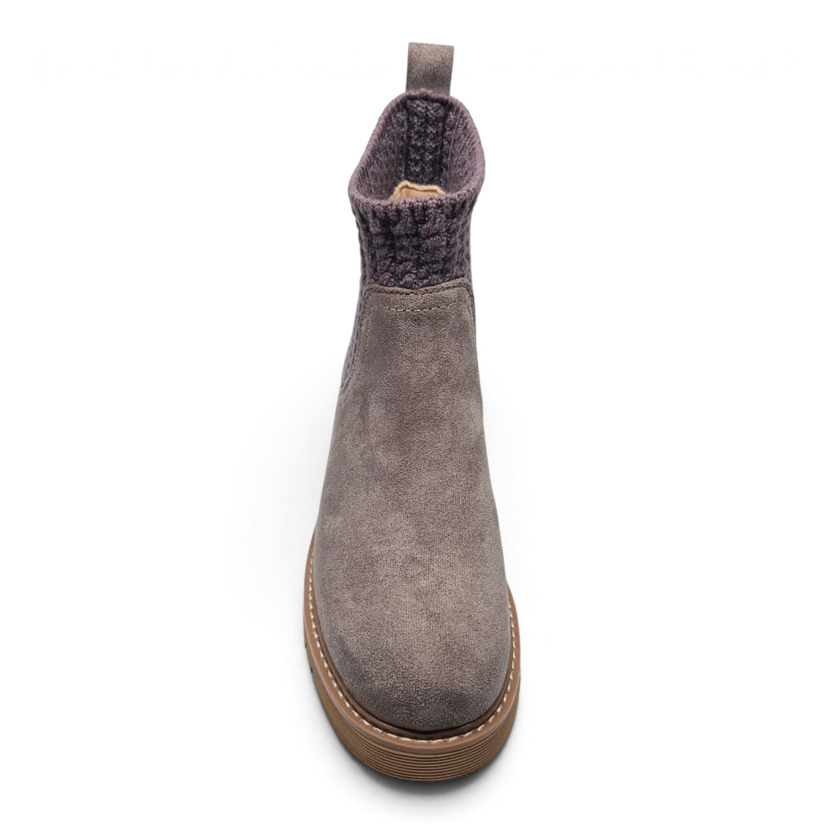 Grey suede ankle bootie with knit collar, side gore, and tan rubber sole