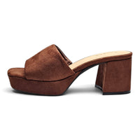 Brown suede platform mule with wide band strap and squared block heel