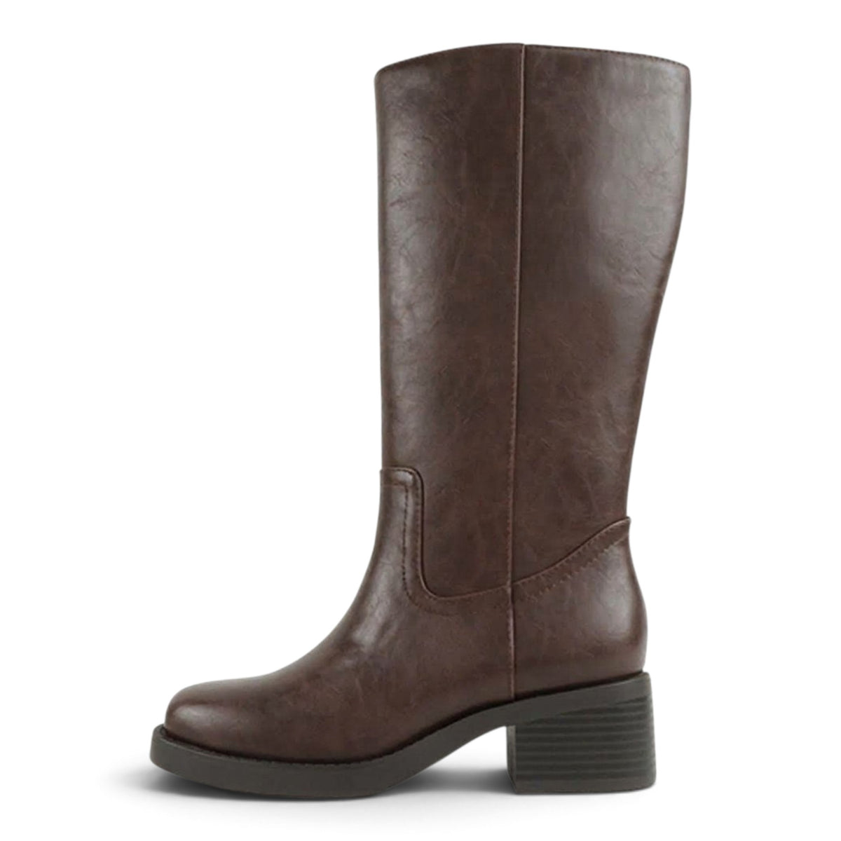Brown tall boot with square toe, side pull tab, and block heel