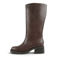 Brown tall boot with square toe, side pull tab, and block heel