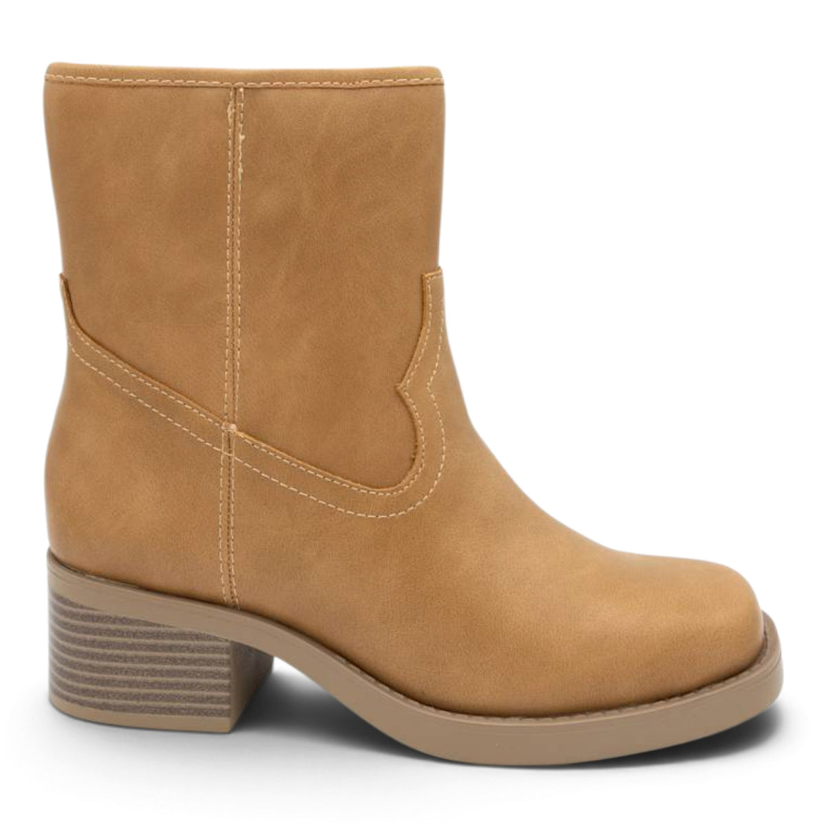 Tan mid-calf booties with curved stitched panel and block heel