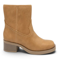 Tan mid-calf booties with curved stitched panel and block heel