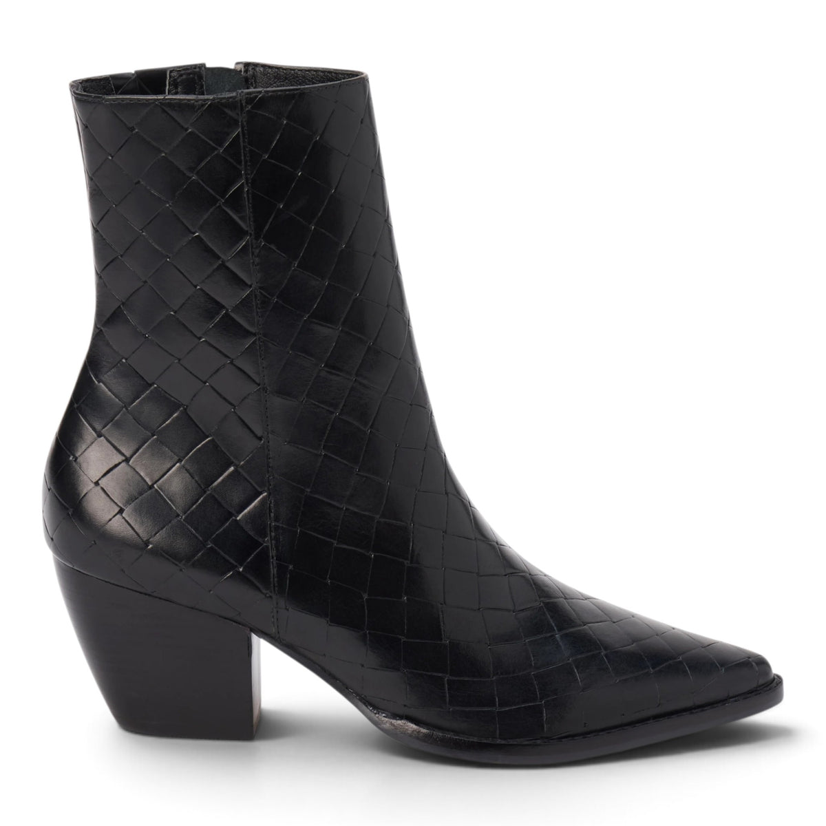 Black ankle bootie with quilted snake-texture finish and chunky block heel