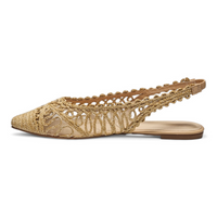 Beige woven flat shoe with slingback design on a white background
