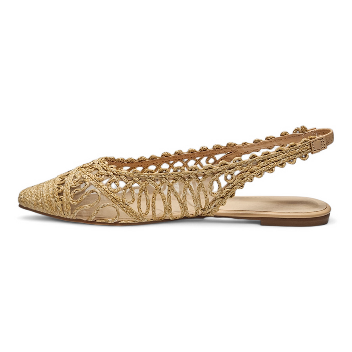Beige woven flat shoe with slingback design on a white background