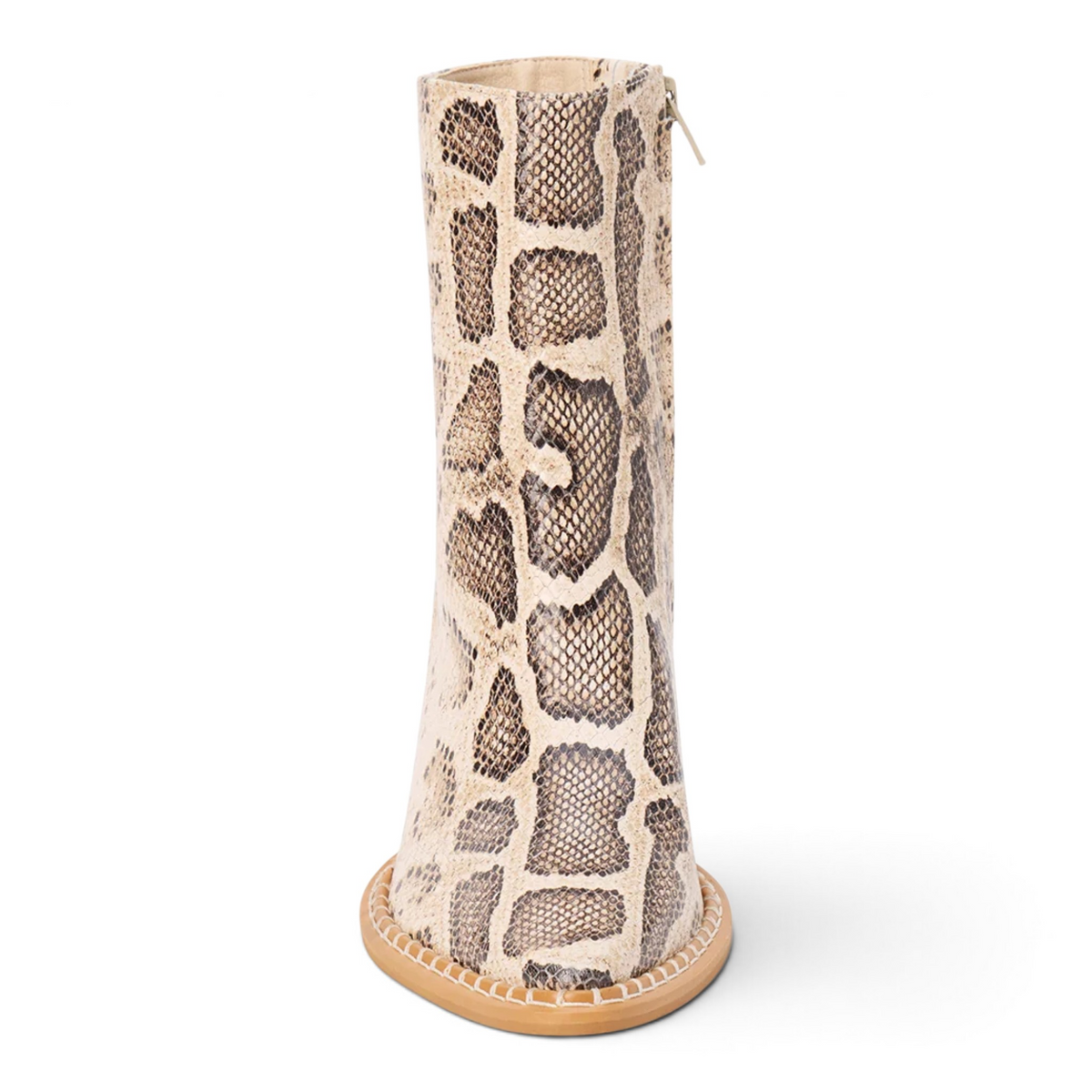 Natural multi snake ankle bootie sole view with pull tab and low stacked heel