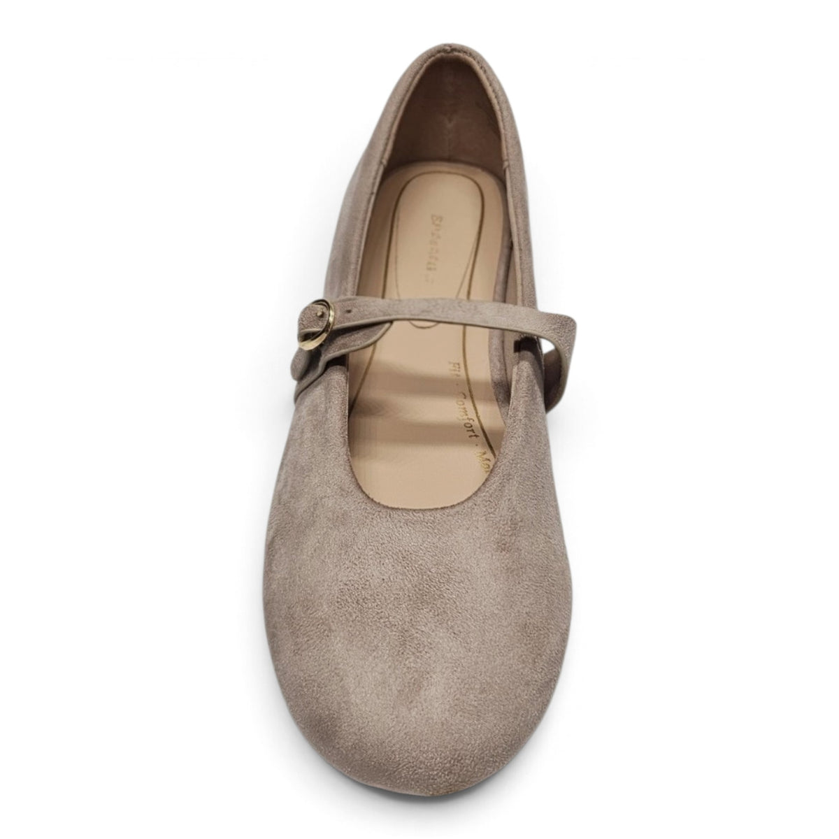 Light taupe Mary Jane flats with top strap, buckle detail, and rounded toe