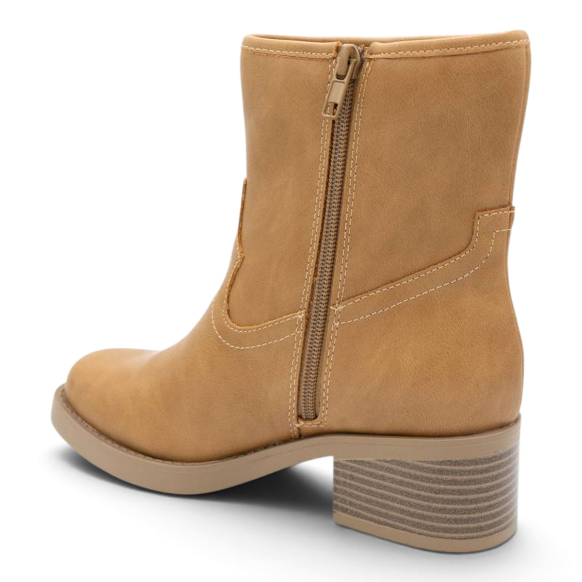 Tan mid-calf booties with side zipper and stitched detail, block heel