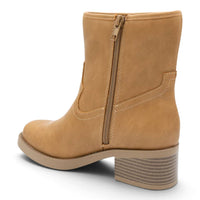 Tan mid-calf booties with side zipper and stitched detail, block heel