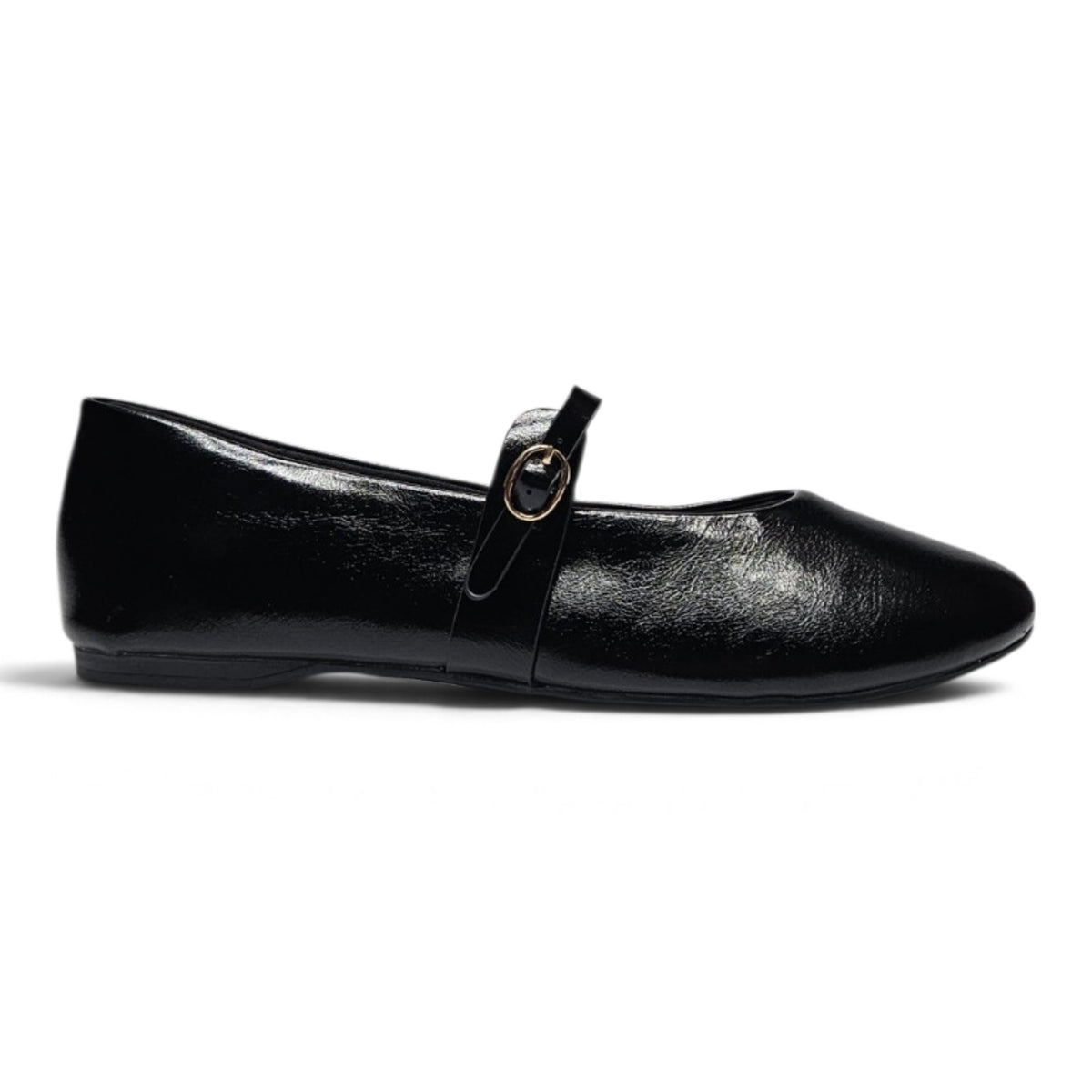 Black Mary Jane flats with top buckle and strap across the instep