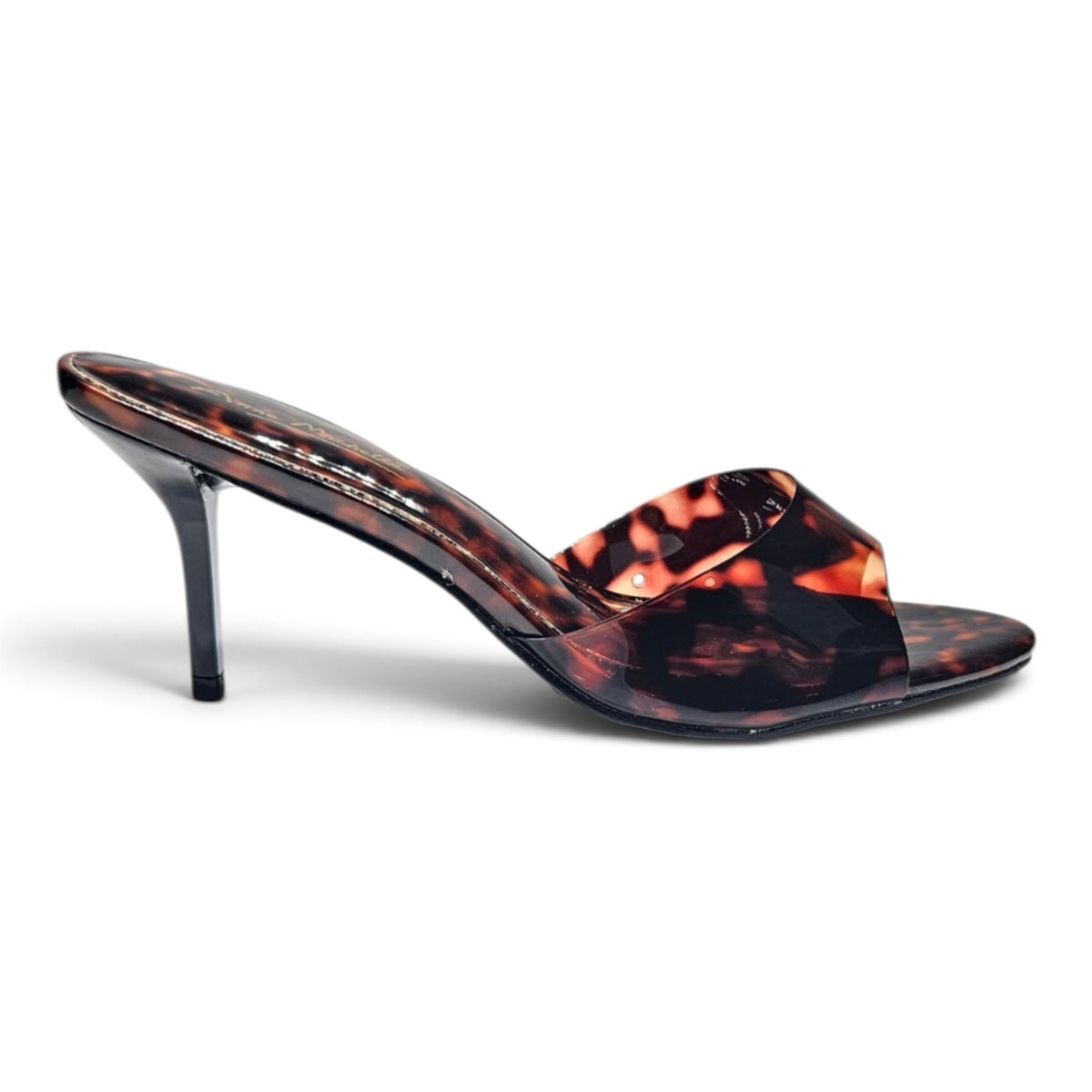 Tortoise-pattern open-toe mule heel with cross front strap and slim stiletto, glossy