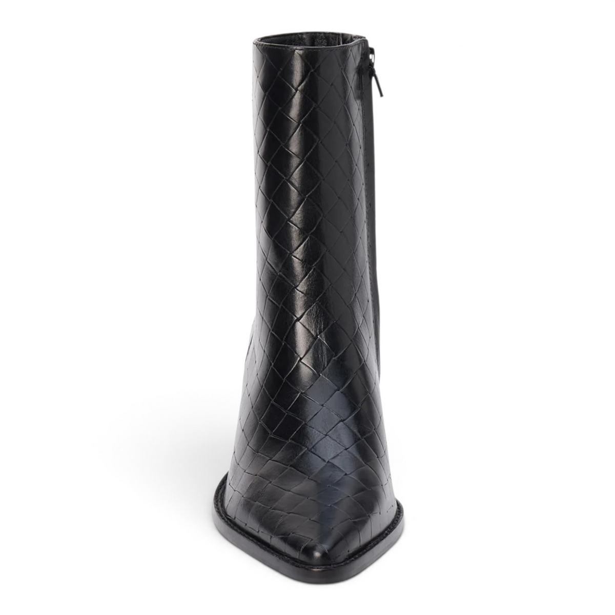 Black ankle bootie tall boot height with quilted snake-texture and pull tab