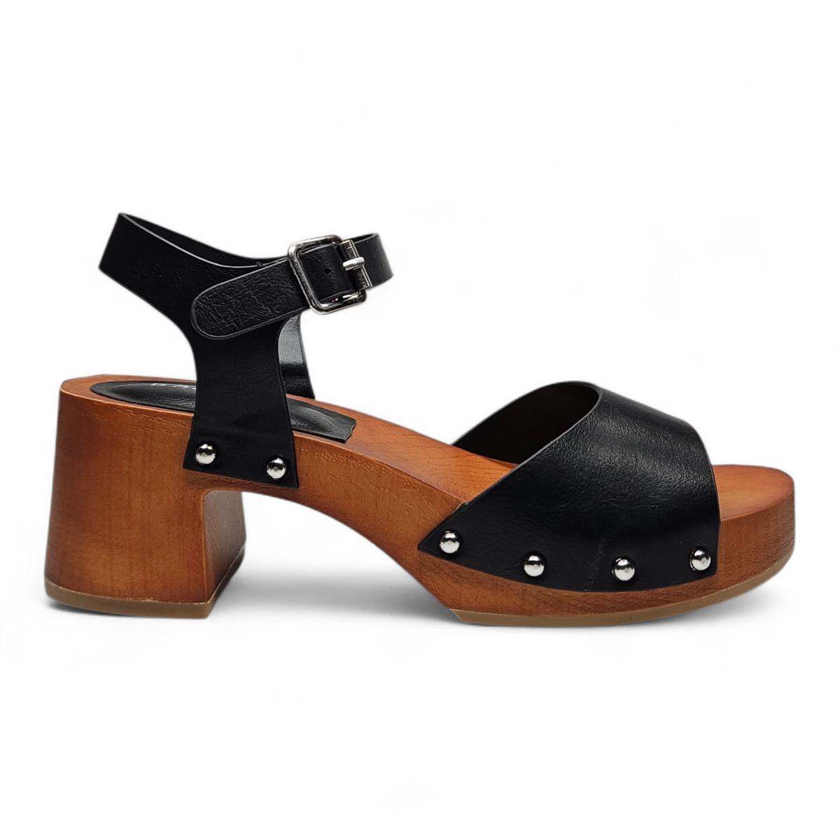 Black sandal with wooden heel on a white background