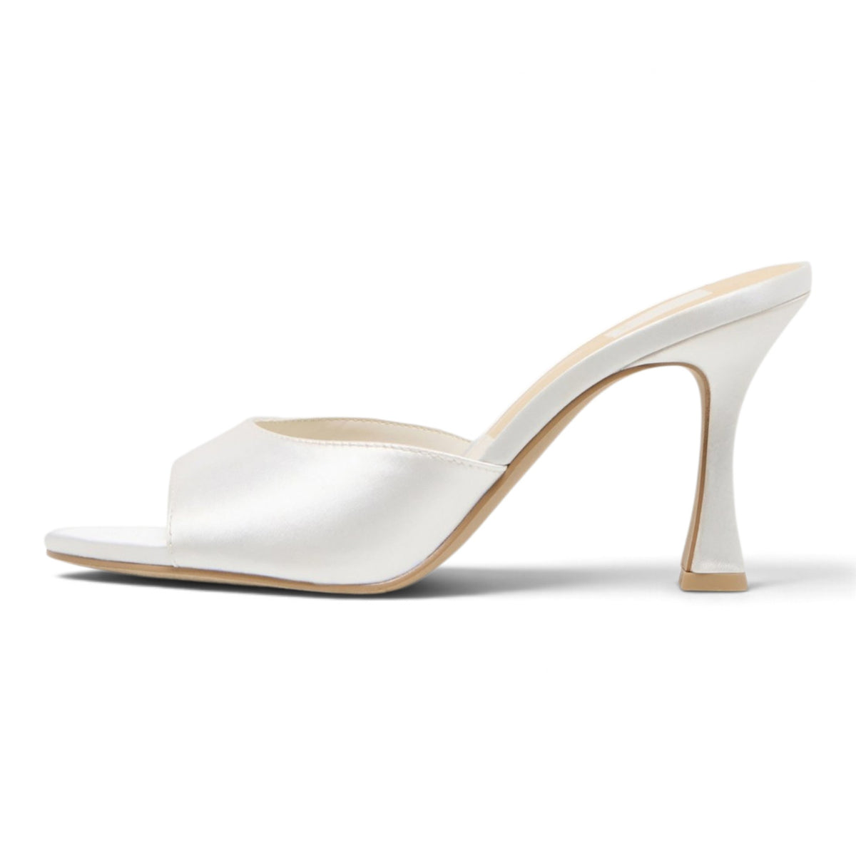 White satin heeled mule with pointed toe, open back, and tall block heel.