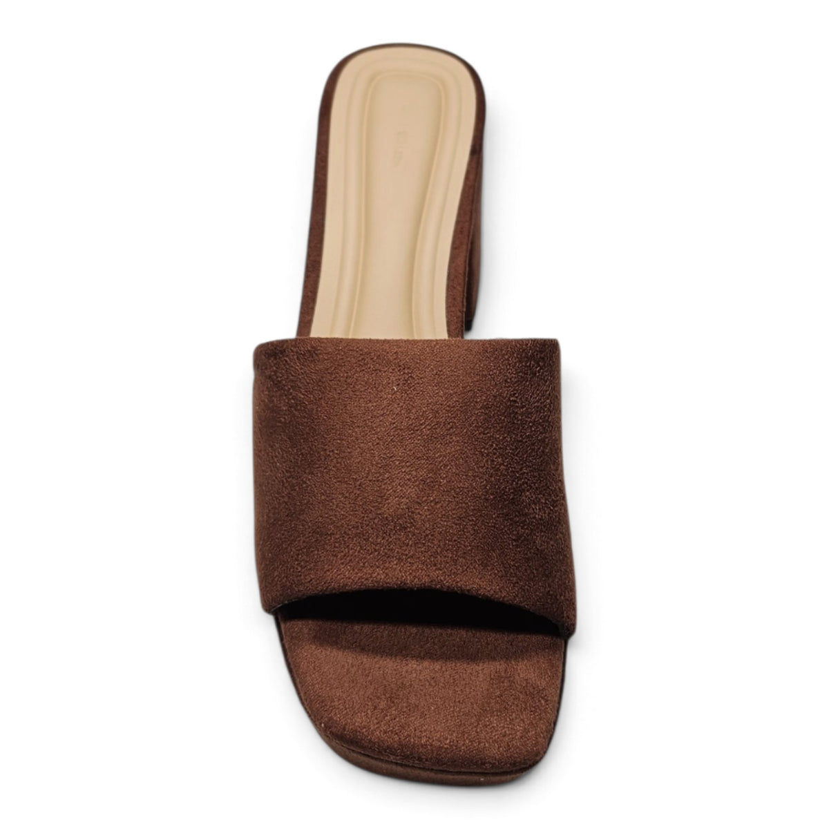 Brown suede platform mule with wide band strap and open-toe