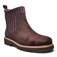 Chocolate suede ankle bootie with knit collar, side gore, and treaded platform sole