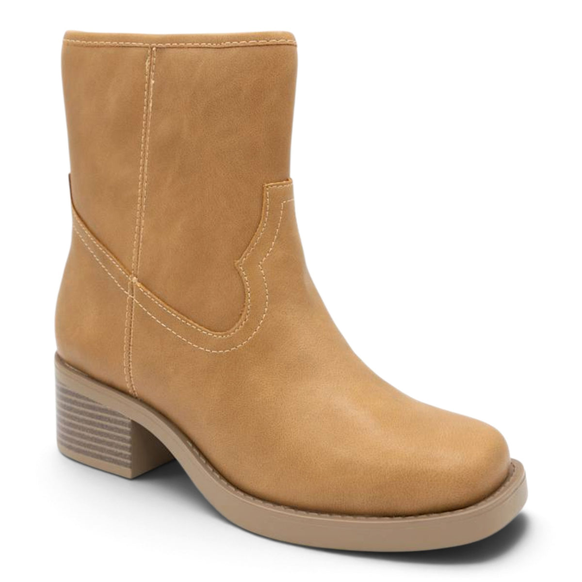 Tan mid-calf booties with curved seam stitching and stacked block heel