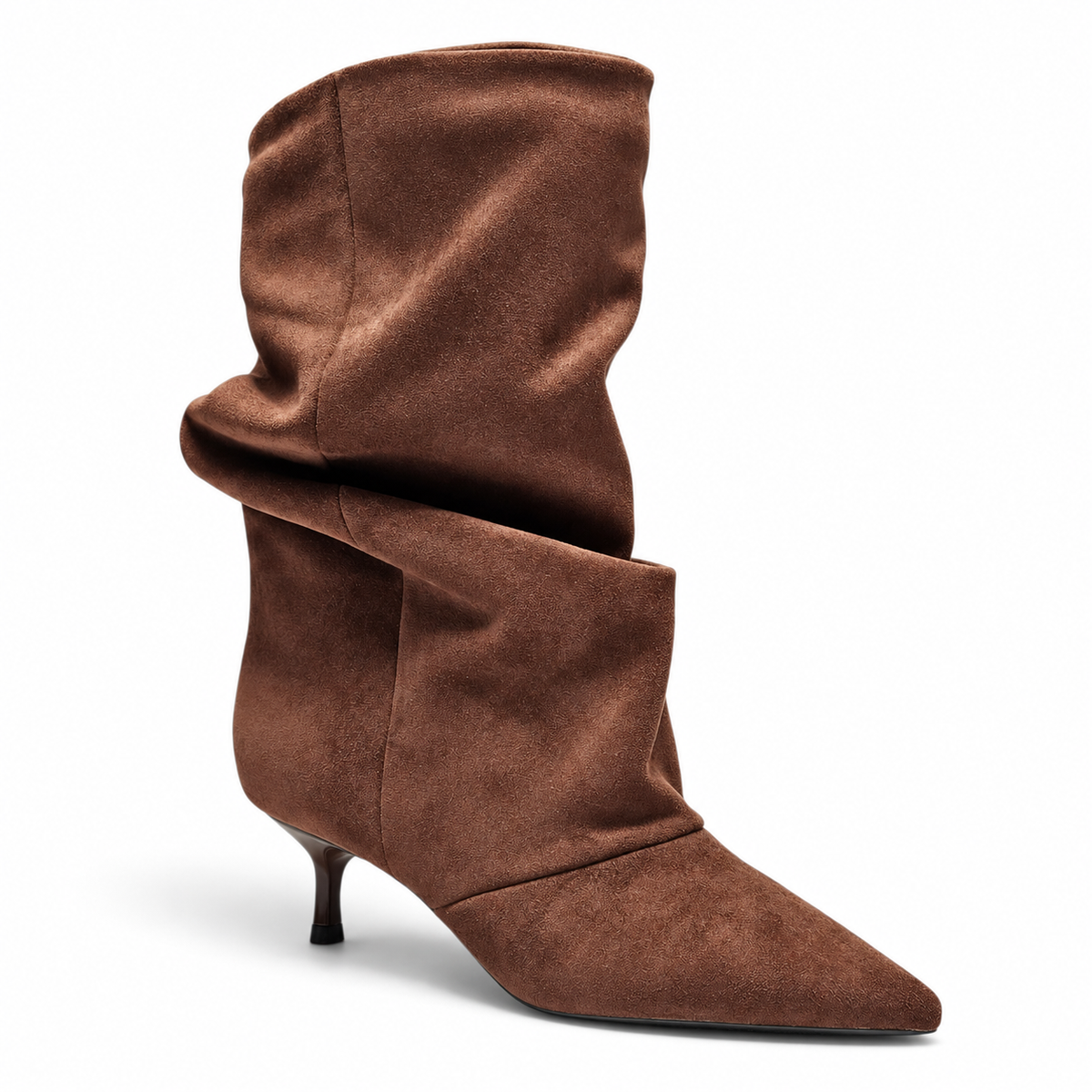 Brown suede slouch bootie with pointed toe and kitten heel